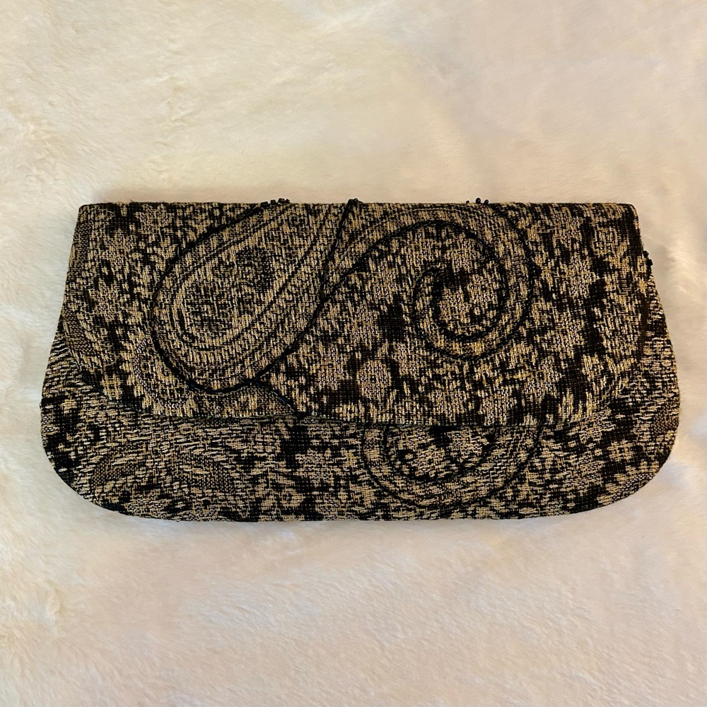 Black and Gold Fabric and Beaded Clutch